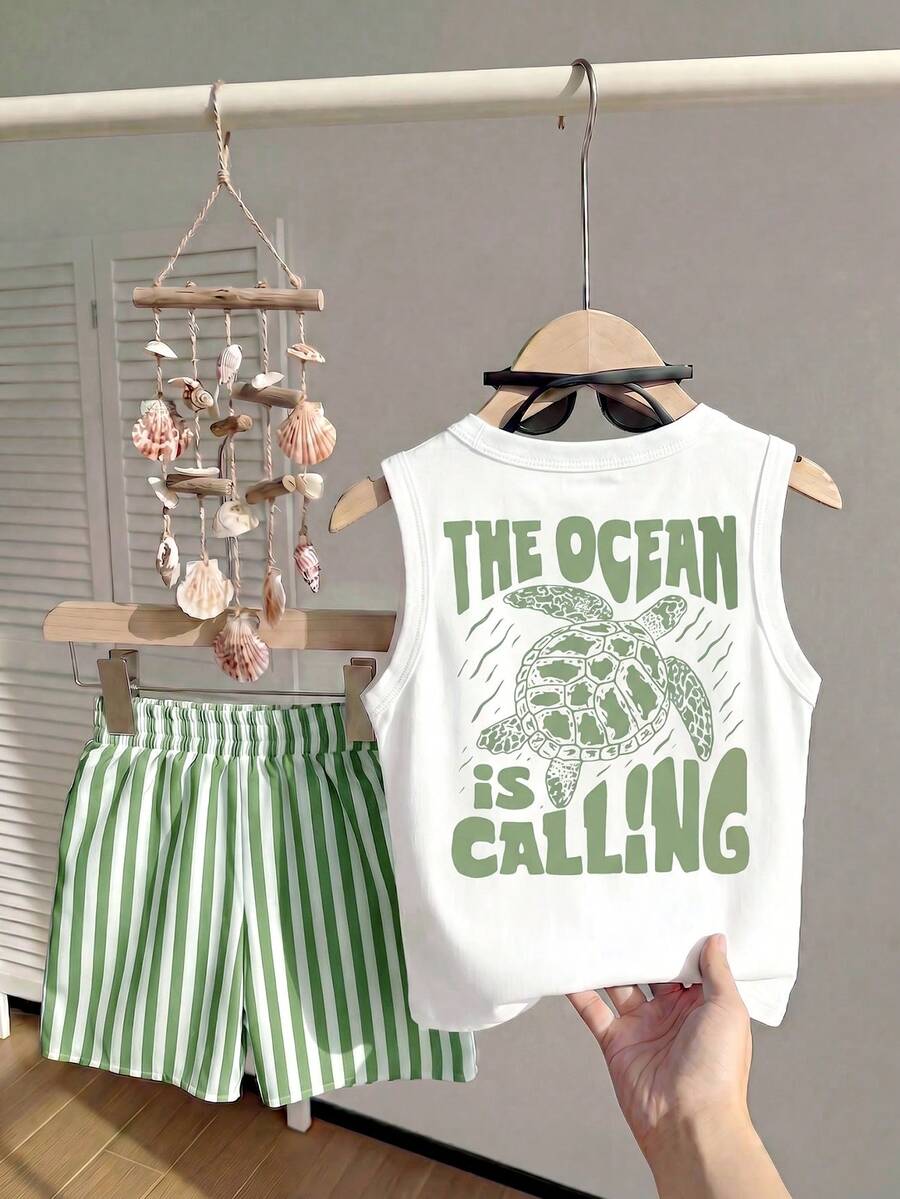 2pcs/Set Girls Turtle Print Sleeveless Top And Striped Shorts Summer Vacation Outfit - Green - View 1