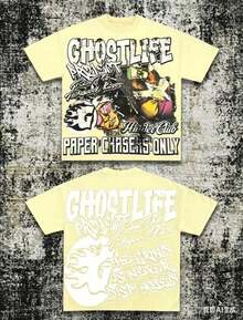Men's Y2K Tee -American Street & "GHOSTLIFE" Hip-Hop Figureg Raphic T Shirt, Loose Retro Fit,Suitable For Young Men And Women To Wear For Casual,2026 Mens Clothes,Men Shirts,Camisas Para Hombre,Graphic Tees Men,Mens Clothes - 黃色 - 查看 6