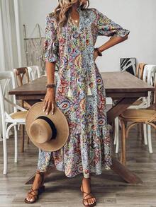 Vestido con mangas medias de estilo bohemio con estampado para mujeres, vestido largo holgado con volantes de estilo bohemio, vestido largo de mujer con estampado todo sobre, uso casual diario, primavera/otoño - Multicolor 5 - Ver 3