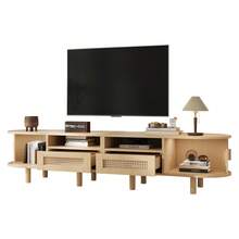Oval TV Stand 170*40*40 Cm, TV Table, TV Cabinet With 2 Rattan Design Drawers, 2 Sliding Doors, Low Table And TV Table For TVs Up To 70 Inches, TV Board And TV Chest, Wood Color. - 卡其色 - 查看 7