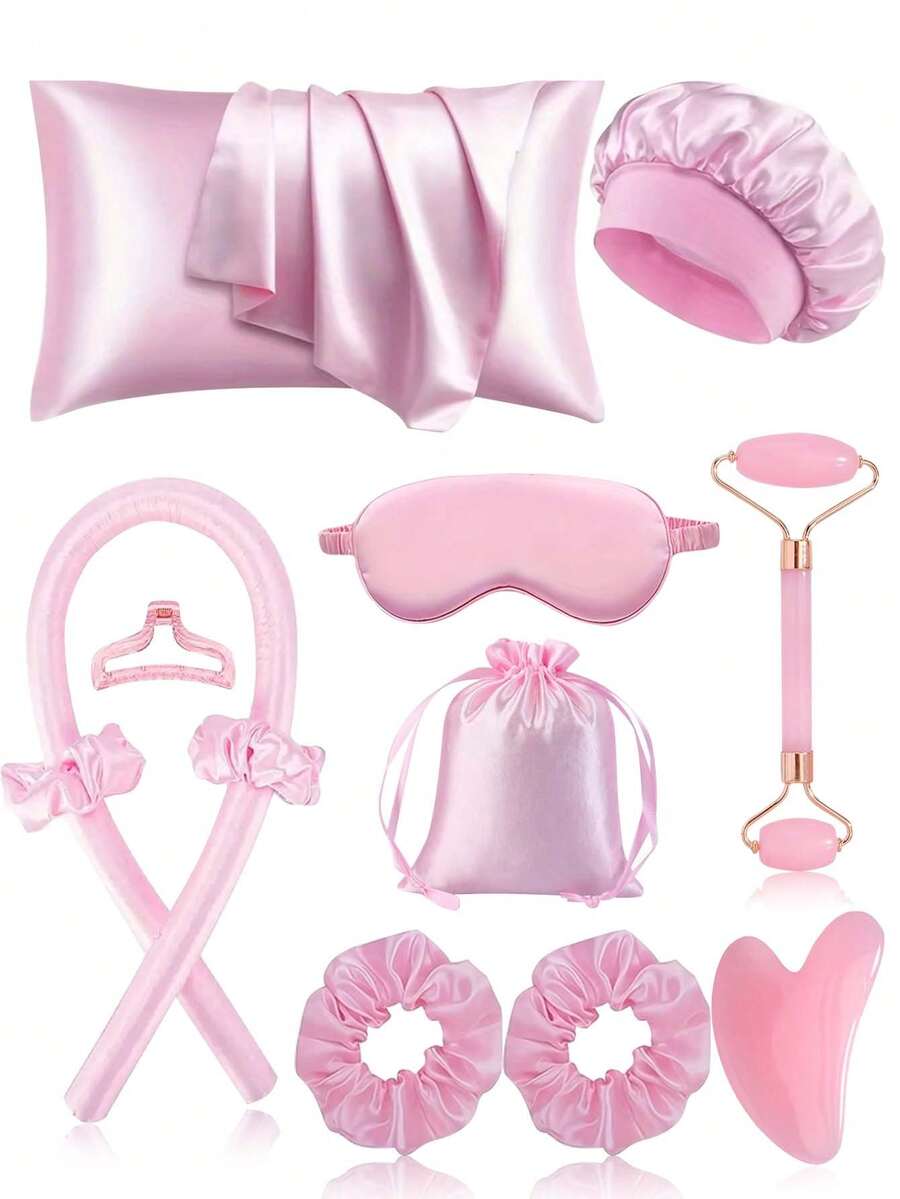Bộ 12/10/8/6/5/4/2 món - Bộ dụng cụ tạo kiểu tóc màu hồng, Bộ dụng cụ tạo kiểu tóc khi ngủ, Bộ dụng cụ chăm sóc da mặt bằng con lăn massage cho nữ, Bộ dụng cụ chăm sóc da, bao gồm 1 dụng cụ uốn tóc bằng mút xốp, 1 kẹp tóc, 4 dây buộc tóc xoắn ốc, 1 túi lụa, 1 dụng cụ massage mặt, 1 bảng Gua Sha, 1 vỏ gối lụa, 1 mũ tắm, 1 mặt nạ ngủ mềm mại, Bộ dụng cụ chăm sóc tóc và da dung tích lớn - Nhiều màu - Xem 1