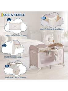 Gaderth 4 In 1 Baby Playard, Portable Bedside Crib With Rocking Bassinet & Diaper Changer, Infant Pack And Play With Mattress, Large Toddler Playpen, Newborn Changing Table, Storage Pocket & Rotating Toy Bar - Khaki - View 7