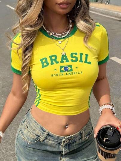Women's Short Sleeve Cropped Round Neck Top, Brazilian South American Print Short T-Shirt Sporty Contrast Color Trim Yellow Short Sleeve Top Y2K Aesthetic Fitted Short Brazilian Letter Print T-Shirt