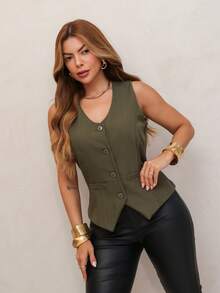Women's Solid Color Tank Top Vest In Louis Twill Fabric - Army Green - View 2