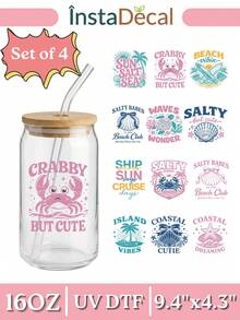 Bộ 4 miếng dán UV DTF hình chú cua dễ thương, hình mai rùa biển Salty Babes Coastal Dreaming, hình dán cốc thủy tinh 16oz, hình dán Island Vibes Beachy. - Mùa hè 03 - Xem 9