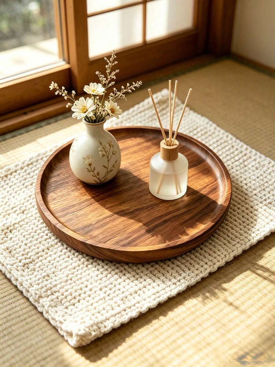 Vintage Round Wooden Tray, Home Dining Plate, Bedroom Jewelry Storage, Japanese Style Desktop Decor Tray, Suitable For Living Room - Brown - View 1
