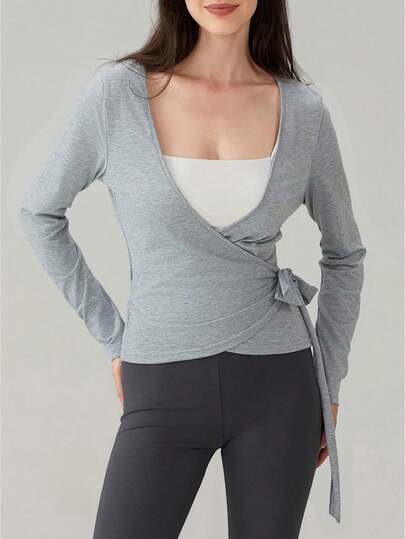 Damen-Ballett-Wickeltops, Einfarbig, Langärmelig, V-Ausschnitt, Zum Binden, Yoga-Shirts, Figurbetont, Workout-Cover-Up, Pilates-T-Shirts