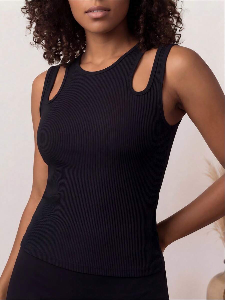 Women's Ribbed Double-Strap Tank Top - Slim-Fit Sculpting Shapewear Top Seamless Shapewear Tummy Control Solid Everyday - Black - View 1