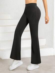 Quần ống loe cạp cao màu trơn thời trang nữ, quần legging tập luyện ôm sát màu trơn, chất liệu vải dệt kim, phù hợp cho tập thể dục và mặc thường ngày, màu đen. - màu đen - Xem 2