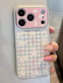 Ốp lưng điện thoại hình thỏ dễ thương in hoa, bảo vệ ống kính, tương thích với iPhone 17 Pro Max 17 Pro 17 16 15 14 Pro Max 14 15 16 17. Thiết kế mờ, họa tiết hoa thỏ, nơ, kẻ caro, chống sốc, chất liệu giả da mờ. - Thỏ nơ kẻ caro - Xem 4