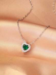 Charming Cubic Zirconia Heart-Shaped Pendant Necklace For Women, Exquisite Collarbone Chain, Versatile, An Ideal Gift For Valentine's Day, Mother's Day, Or For Mom. - 綠 - 查看 3