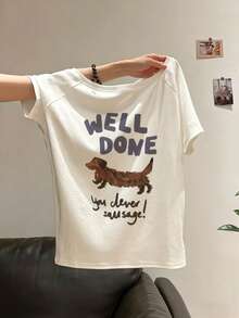 Áo thun nữ tay ngắn trễ vai, chất liệu polyester, in hình chó Dachshund ngộ nghĩnh, co giãn tốt, dáng suông. - trắng - Xem 5