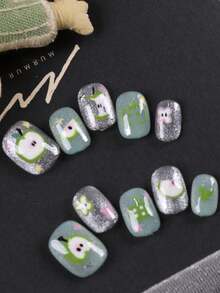 10pcs Press On Nails Green Apple White Cat's Eye Nails Handmade Press On Nails Fake Nails Short Office DailyWear False Nails Artificial Nails Kit Includes 1sheet Adhesive Tabs &1 Pc Mini File - Multicolor - View 3