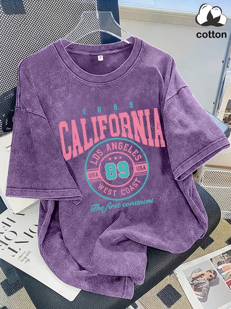 1889 California Los Angeles No. 89 Distressed Washed Cotton T-Shirt, Vintage West Coast Print, Loose Short-Sleeve, Women's Casual Street Style Top, Skin-Friendly - Màu tím - Xem 1