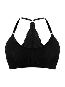 Women's Fashion Lace Patchwork Knit Fabric French Elegant Charming Comfortable Backless Lingerie - Black - View 8