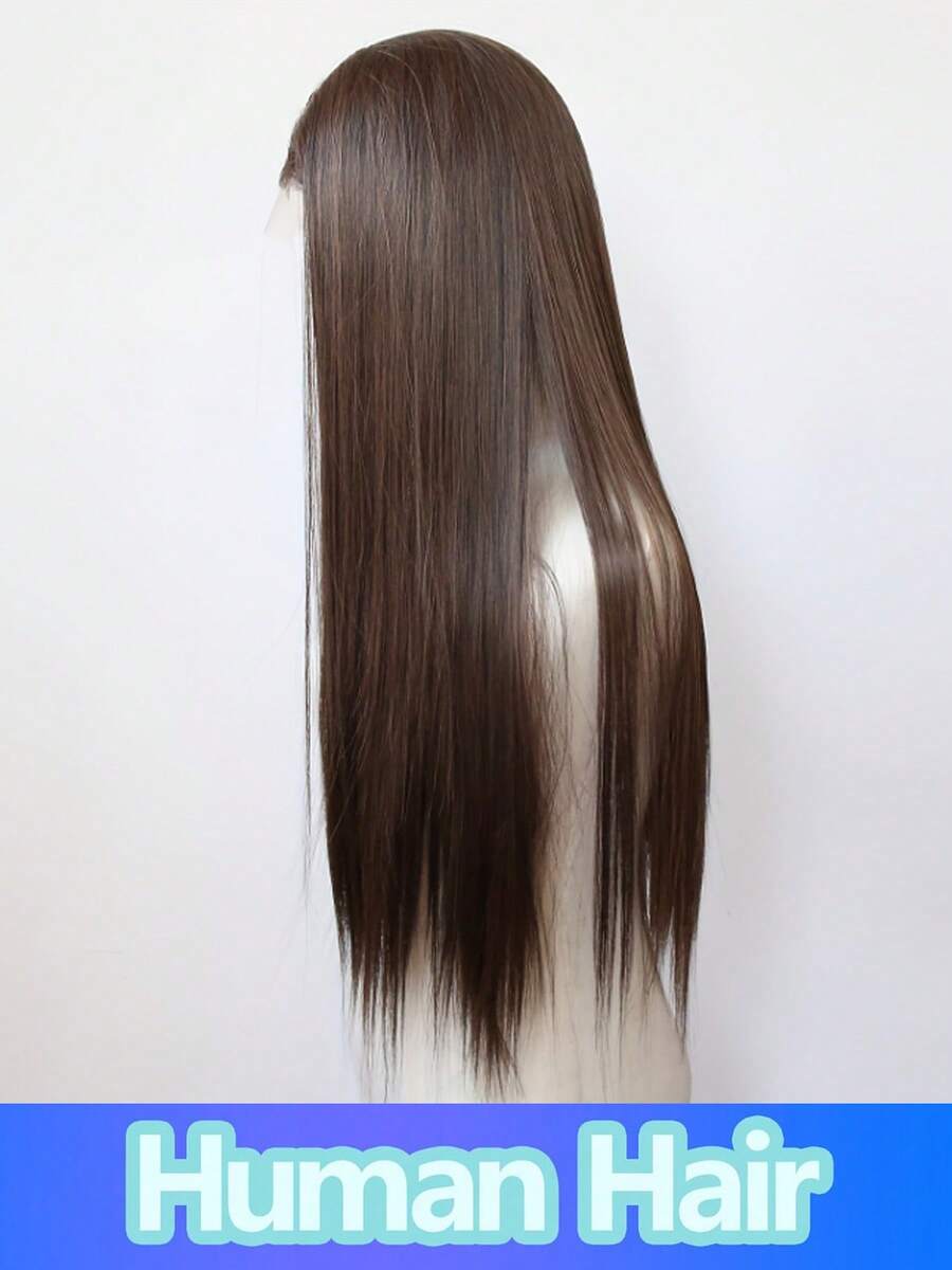 巧克力棕色 4x4 蕾丝前假发，150% 密度，深棕色长直蕾丝前假发，女士专用，预先拔毛，带婴儿发，自然发际线，巴西原生人发，骨直无胶假发 - S4 - 查看 1