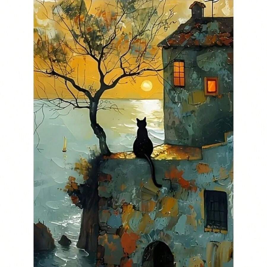 5D圆形钻石画套装 - 黑猫日出主题全钻钻石画，画布DIY马赛克工艺套装，包含点钻笔、胶水、钻石托盘和钻石珠。适合初学者，可作为家居、办公室和客厅墙面装饰礼品。 - 無框 - 查看 1