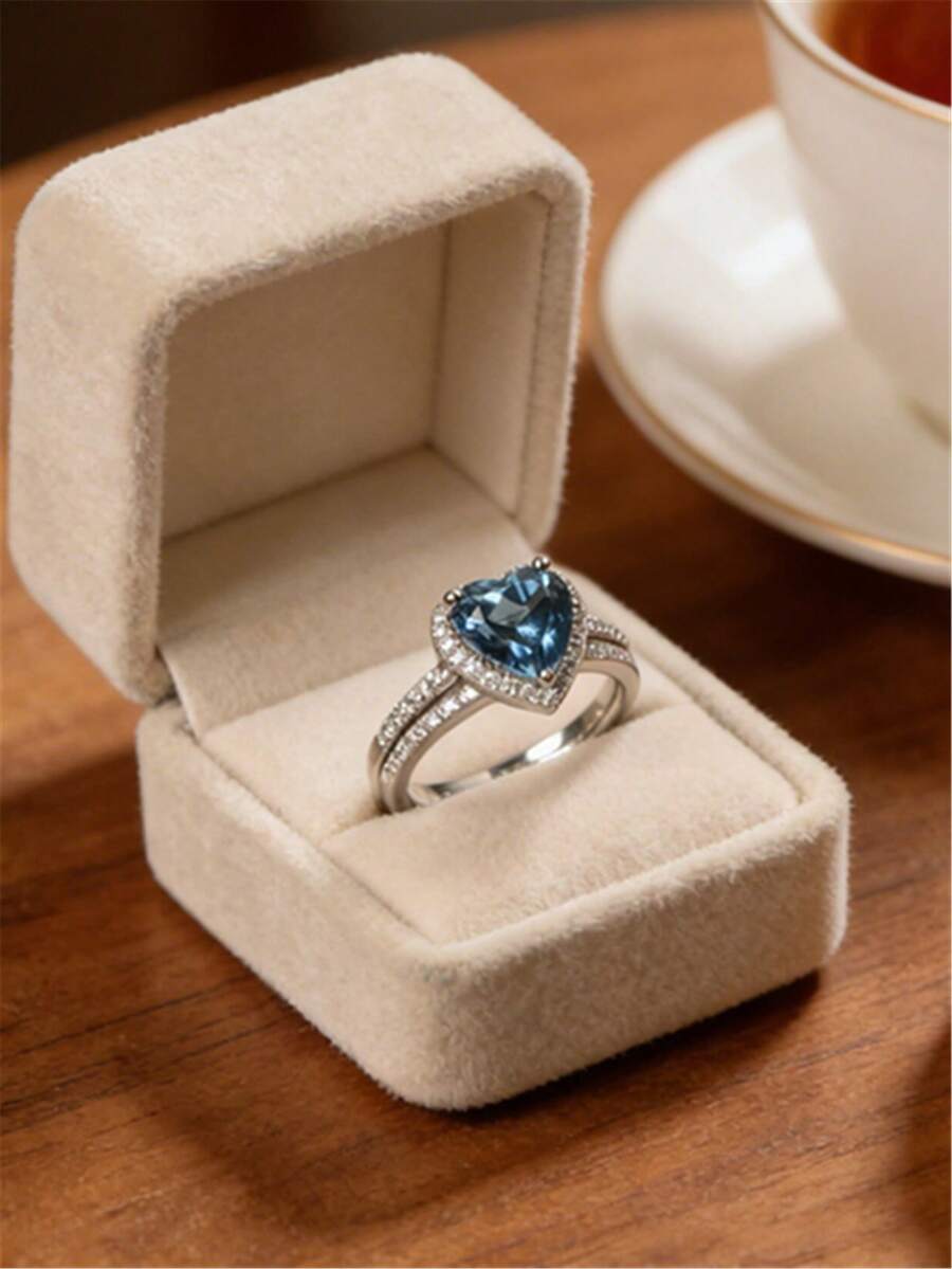 Juego de anillo de compromiso con corte de corazón de CZ para mujeres, diseño de alta gama apilable para novia y boda, joyería de propuesta de matrimonio para mujeres, anillo de compromiso, anillo de compromiso, uso diario - Azul - Ver 1