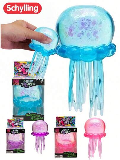 Schylling 1 pieza Juguete apretable con forma de medusa, 1 pieza de diseño transparente con tentáculos fluidos, estilo de dibujos animados del océano, textura suave y elástica de alta calidad similar a la gelatina, sensación táctil suave y moldeable, varios colores disponibles (rosa/azul/morado), juguete sensorial para aliviar el estrés