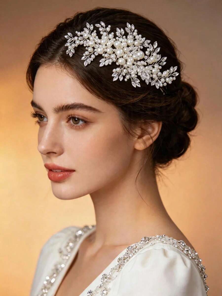 1pc Elegant Women's Handmade Crystal & Faux Pearl Hair Comb, Wedding Headpiece, Party Accessory - Multicolor - View 1