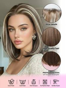 13*4 Lace Front Wigs Shoulder Length Short Straight Bob Wig For Women, Ombre Chestnut Brown With Platinum Blonde Highlights Synthetic Wig, Natural Looking Heat Resistant Wig For Daily Party 12 Inch - Blonde Highlight - View 3