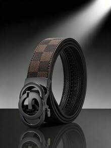 Men's Luxury Ratchet Automatic Buckle PU Leather Belt, Fashion Checkered Pattern Double Circle G‑Letter Buckle Business Casual Formal Dress Belt. Adjustable Scratch‑Resistant Alloy Buckle Waist Strap, Ideal For Work Daily Wear Party Anniversary Gift, Designer Men's Belt Fits All Formal & Casual Outfits - Multicolor - View 2