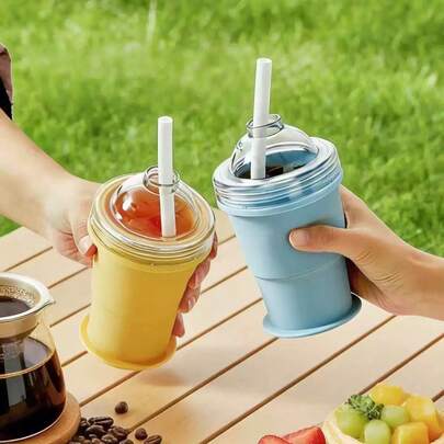 2-In-1 Foldable Silicone Ice Ball Maker Cup With Straw, Portable Leak-Proof Reusable Ice Ball Mold Cup, Suitable For Summer Outdoor Travel