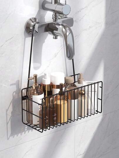 1pc Modern Black Hanging Shower Caddy, Over Faucet Bathroom Storage Shelf With Large Capacity, Waterproof Shower Organizer For Toiletries, Sponges, Utensils, No Drill Space Saving Accessory For Bathroom, Kitchen, RV, Apartment