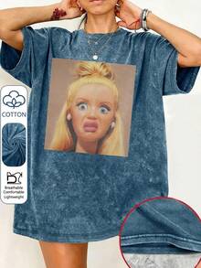 Women's Casual Retro Portrait Print Round Neck Short Sleeve T-Shirt, Suitable For Spring, Summer And Autumn - Royal Blue - View 6
