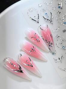 5D法式金属银色吊坠钻石美甲贴纸压纹法式银色心形项链美甲贴花流苏链滑扣 - 彩色 - 查看 6