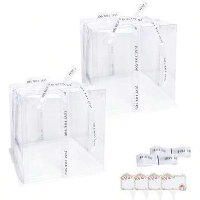 Cake Box, 2 Pcs Transparent Cake Box With Lids, 4'' PET Cake Packaging Boxes With Ribbon Card Pastries, Boxes Birthday, Wedding And Festival Party, White.