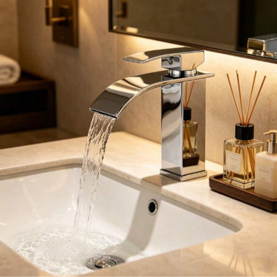 北欧黑色瀑布式冷热水龙头，台面洗脸盆，浴室柜，防溅面盆龙头 - 銀色 - 查看 1