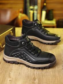 Men's Faux Leather Mid Top Hiking Boots Lace Up Reflective Stitch Non Slip Thick Sole Lightweight Outdoor Walking Shoes For Travel Camping Daily - Black - View 3