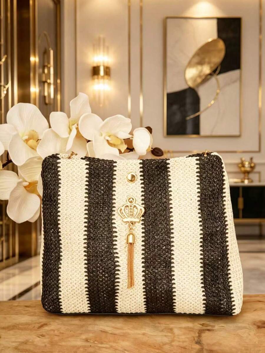 Bohemian Striped Woven Crossbody Bag, Contrast Color Magnetic Closure Design, Women Beach Holiday Shoulder Bag - Black - View 1