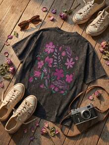 Women's Fun Plant-Embossed And Fashionable Floral Cartoon Letter Print Street Style, Korean-Style Comfortable Retro Fashion Commuting Versatile Y2K Women's Clothing, Regular Niche Punk Style Black Fitted Round Neck Short-Sleeved Washed T-Shirt, Double-Sided Printing,Washed Retro Series Comfortable Pure Cotton T-Shirt, Easily Create Retro Casual Wear, Suitable For Daily Commuting, Casual Outings, And Everyday Wear, Classic Retro Style Women's Clothing. - màu đen - Xem 5