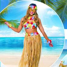 Set de 6 piezas Falda de hierba hawaiana de 60 cm para adultos, disfraz de fiesta de playa de verano con diadema - Multicolor - Ver 2