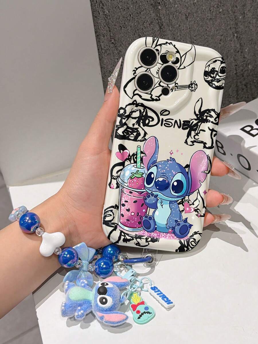 Disney Lilo & Stitch Phone Case With Stitch Beaded Wrist Strap & Plush Keychain, Cute Stitch With Bubble Tea Cartoon Print With Black Graffiti Background, Shockproof Silicone Wave Edge Case With 3D Stitch Charm & Hand Strap, Disney Stitch Phone Cover For IPhone 17, 16, 15, 14, 13, 12, And 11 Pro Models. Made Of Durable TPU With Shockproof Protection. A Fun Gift For Family, Friends, Birthdays, Holidays, And Special Occasions. - trắng - Xem 1