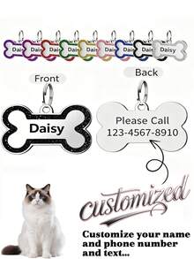 Customized Pet Tag Pendant, Personalized Cat/Dog/Puppy Pet ID Name Pendant, Collar Pendant Pet Accessory Bone Glitter Pendant, Perfect Gift For Your Pet, Sequin Fashion Minimalist Cute, Colorful Unique, Customized Christmas Decor - Blue - View 22