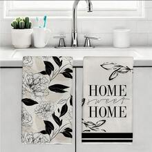 MEMNUN 2入極簡黑白線條花卉 Home Sweet Home 印花圖案廚房毛巾 40*60cm/45*70cm 超細纖維聚酯纖維材質 現代柔軟洗碗布 廚房毛巾、洗碗巾、手巾、洗碗布、居家裝飾、廚房裝飾、烹飪烘焙茶巾、手巾、廚房配件、可機洗、清潔用品，適用於餐廳、廚房、浴室、日常裝飾與送禮，四季皆宜 - 彩色 - 查看 10