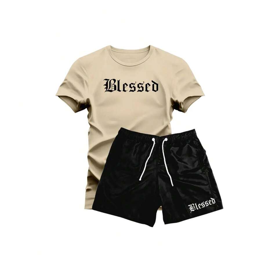 Set: 100% Cotton T-Shirt + Black Tactel Shorts - Khaki - View 1