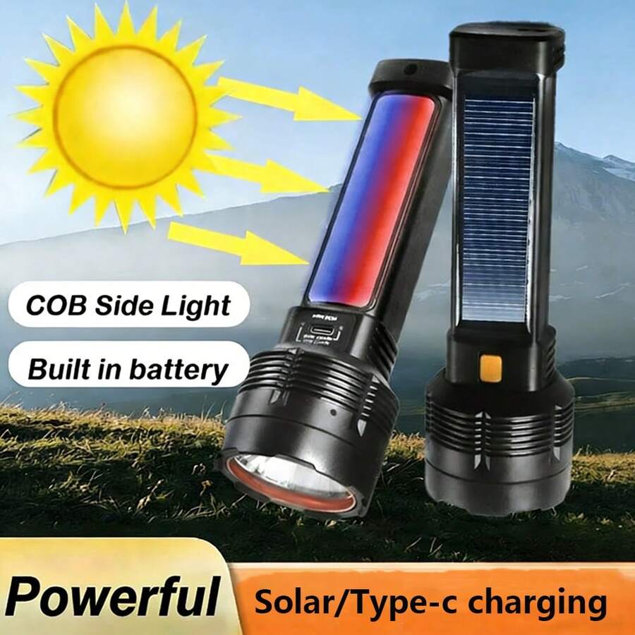 1 đèn pin năng lượng mặt trời siêu sáng, đèn pha cầm tay ngoài trời độ sáng cao, thời gian sử dụng lâu dài, có thể sạc lại.