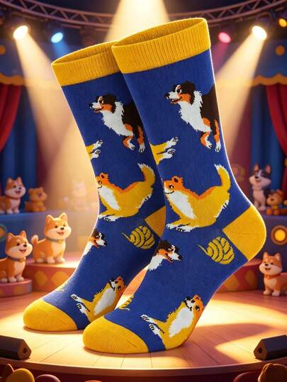 Dog Print Mid-Calf Socks, Creative Fashion Socks, Cute Dog Design, Suitable For Daily Wear And Streetwear