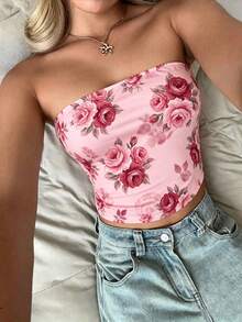 Women's Pink Rose Print Strapless Cropped Knitted Tube Tank Top - Pink - View 9