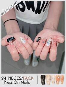 24pcs Square/Sweet Cool Star Rhinestone Fake Nail Tips, Y2K Style Suitable For Daily Commute, Party And Casual Wear - Multicolor - View 3