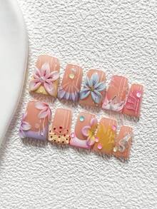 10pcs Dreamy Girl Style Handmade Nail Art Set, Includes Seashell Fragments, 3D Butterflies, Colorful Bubble Beads, Handmade 5-Petal Flowers, Yellow/Purple/Blue/Pink/Red Nail Polish, Fresh Summer Style, Comes With Nail Tools (1 Jelly Sticker + 1 Nail File), 3 Nail Shapes: Almond, Duck Mouth, Coffin, Suitable For Parties, Daily Wear, Parties, Photo Shoots, Spring/Summer Commute - Nhiều màu - Xem 17