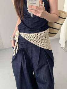 1pc Beige Polyester Hollow-Out Waist Skirt, Niche Versatile Summer Wear For Women - Beige - View 2
