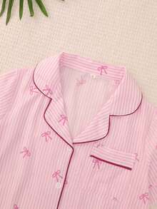 Summer Bowknot Pajama Set, Gentle Elegant Lapel Button Short Sleeve Top And Shorts, Soft 2 Pieces Sleepwear And Loungewear For Women - Multicolor - View 3