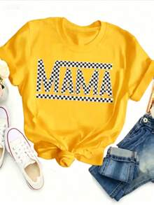 Women's-ShirtPAYEAH 1pcs Cotton Mama Letter Print Crew Neck-Shirt - Soft Mid-Elasticity Polyester Short Sleeve Top Spring & Summer - Relaxed Fit, Casual, Alphabets Pattern, Positioning Printing, Regular Length, Knit Fabric, All Seasons Wear Heavy Cotton ShirtFashionable Women's Clothingshirts,Clothes,White Top,Graphic Tee,Suitable Gym, Workouts, Everyday Casual Wear, And Street Style. - 黃色 - 查看 1