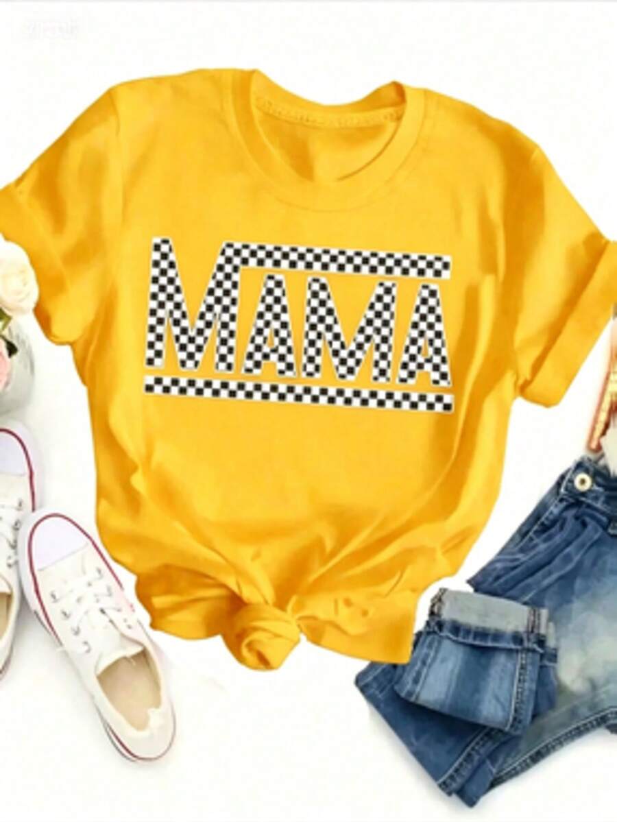 Women's-ShirtPAYEAH 1pcs Cotton Mama Letter Print Crew Neck-Shirt - Soft Mid-Elasticity Polyester Short Sleeve Top Spring & Summer - Relaxed Fit, Casual, Alphabets Pattern, Positioning Printing, Regular Length, Knit Fabric, All Seasons Wear Heavy Cotton ShirtFashionable Women's Clothingshirts,Clothes,White Top,Graphic Tee,Suitable Gym, Workouts, Everyday Casual Wear, And Street Style. - 黃色 - 查看 1