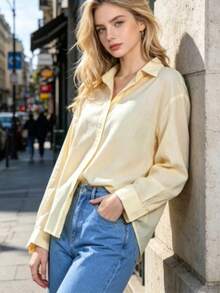 Women's Fashion Long Sleeve Shirt Collar Blouse, Front Button Detail, Regular Fit Woven Top - أصفر فاتح - مشاهدة 6